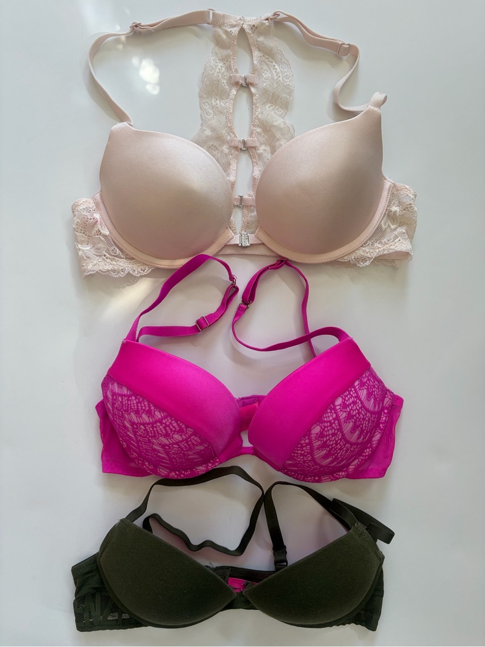 3 piece bundle value  Women’s Bra Set - Beige, Hot Pink & Olive bra